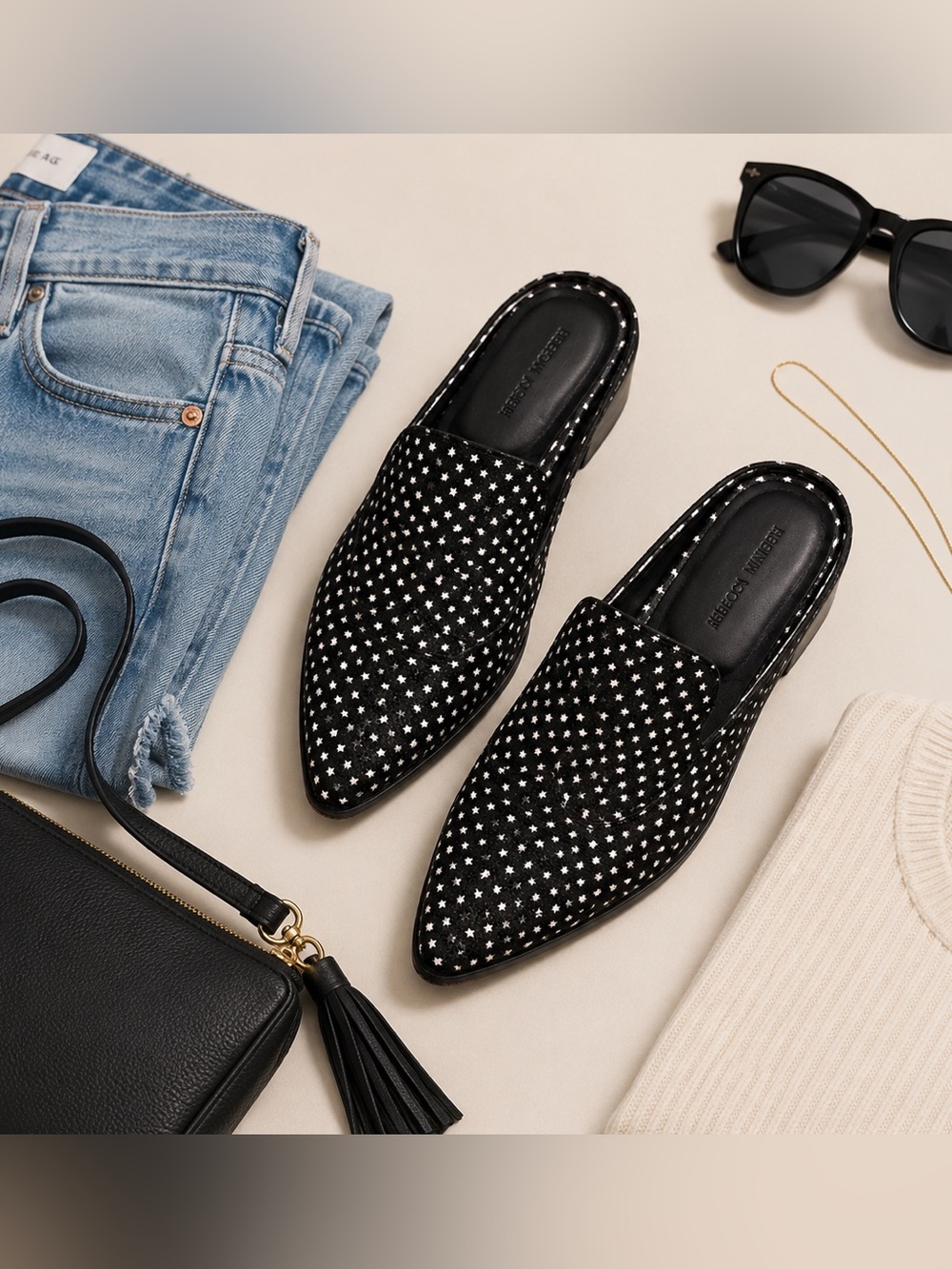 Rebecca Minkoff Star Print Leather Mule Loafers Black White Western Slides 6